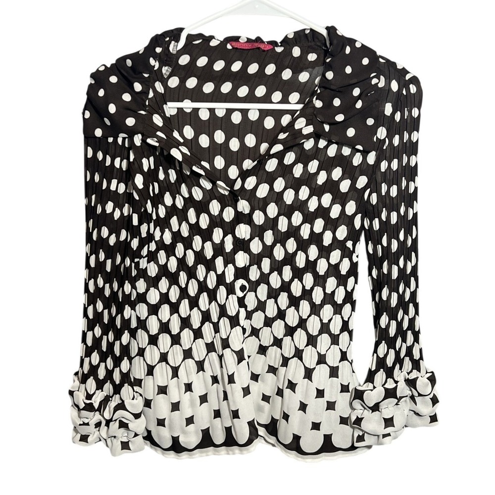 Sunny Leigh Women's Black White Polka Dot Pleated Ruffle Cuff Button Up Blouse